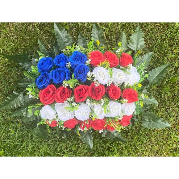 Patriotic Red White Blue Rose Flag Memorial Floral Arrangement Grave Decor - Picture 1 of 6